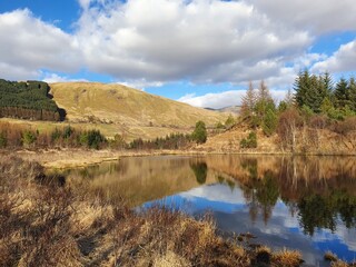 Scottish West Highland Way lake with forest reflection and blue cloudy sky
