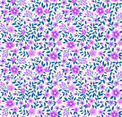 Vintage floral background. Seamless vector pattern for design and fashion prints. Flowers pattern with small lilac flowers on a white background. Ditsy style.