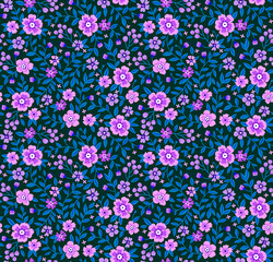 Fototapeta na wymiar Floral pattern. Pretty flowers on navy blue background. Printing with small purple flowers. Ditsy print. Seamless vector texture. Spring bouquet.