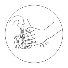 Wash your hands. schematic representation of human hands under running water, vector outline illustration