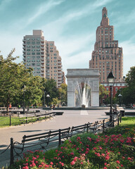 Gardens and the arch at Washington Square Park, Manhattan, New York City