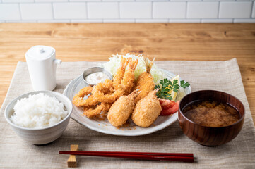 japanese deep fied seafood with rice and miso soup