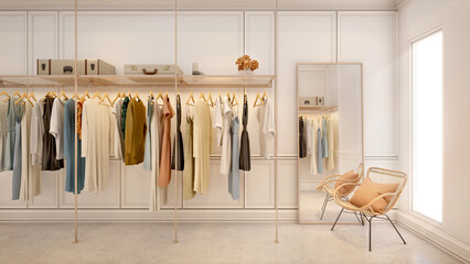 Walk in closet.White wall background with chair and mirror.3d rendering