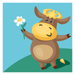 Funny bull or cow symbol of the new year 2021 holding a daisy flower. Vector cartoon illustration or postcard.