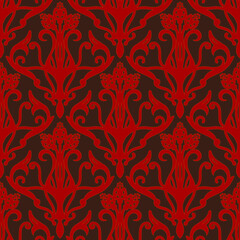 Damask seamless wallpaper, tiles. Ornament red on a brown background Renaissance. Vector pattern