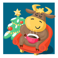Funny bull or cow, symbol of the new year 2021, sitting in a cozy armchair with a cup of hot drink against the background of a decorated Christmas tree. Vector cartoon illustration or postcard.