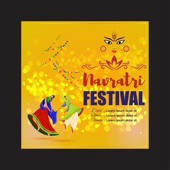 Vector illustration of Indian Navratri festival , two people playing dandiya, Goddess Durga face, Indian festival celebration, colorful fireworks, Navratri banner template.
