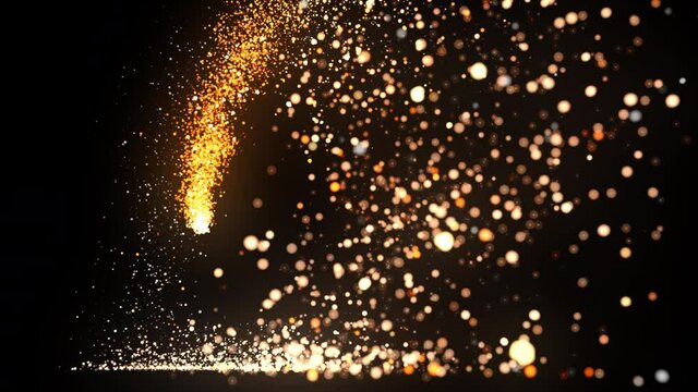 Slow motion sparks fly away from a rotating firecracker fire to camera on black background with alpha matte