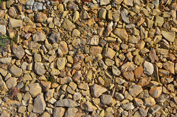 Background of scattered yellow stones. A road made of rubble. Small grass among the rocks.
