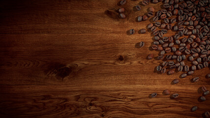Coffee Beans on Wood Oak background