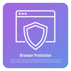Web browser protection thin line icon. Shield on web page. Vector illustration.
