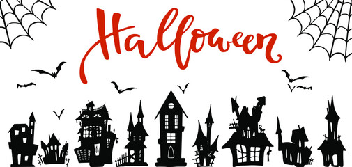 Happy Halloween! Halloween houses with bats. Black silhouettes of houses and trees on a white background. Vector illustration