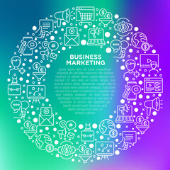 Business marketing concept in circle with thin line icons: digital marketing, online shopping, advertising, social media, e-mail marketing, vlogging, feedback, strategy. Vector illustration.