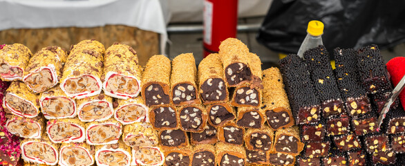 Variety of Turkish signature local foods known as Turkish Delight available for sale mostly in all areas in Turkey country