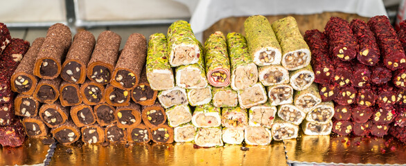 Variety of Turkish signature local foods known as Turkish Delight available for sale mostly in all areas in Turkey country