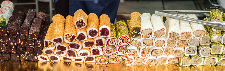 Variety of Turkish signature local foods known as Turkish Delight available for sale mostly in all areas in Turkey country