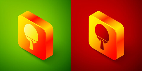 Isometric Racket for playing table tennis icon isolated on green and red background. Square button. Vector.