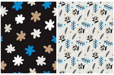 Funny Floral Seamless Vector Pattern. Abstract Freehand Flowers Print. Colorful Hand Drawn Flowers and Twigs Isolated od a Black and Light Gray Background.Cute Abstract Garden Design.