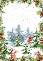 Skating Santa Claus skating with lettering and spruce tree. Hand drawn watercolor winter christmas set islated illustration