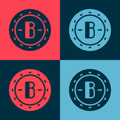 Obraz premium Pop art Cryptocurrency coin Bitcoin icon isolated on color background. Physical bit coin. Blockchain based secure crypto currency. Vector.