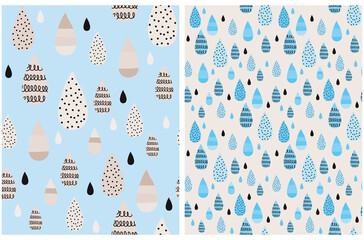 Simple Rainy Seamless Vector Print. Blue and Gray Hand Drawn Drops Isolated on a Blue and Light Beige Background. Irregaular Geometric Repeatable Design. Freehand Rain Drops with Brush Spots.