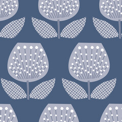 Graphic tulip floral with blue background. Vector repeat. Great for home decor, wrapping, scrapbooking, wallpaper, gift, kids, apparel. 