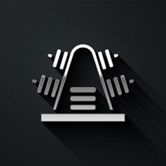 Obraz premium Silver Metal rack with additional weights for barbell icon isolated on black background. Bodybuilding, fitness, sport, healthy lifestyle concept. Long shadow style. Vector.