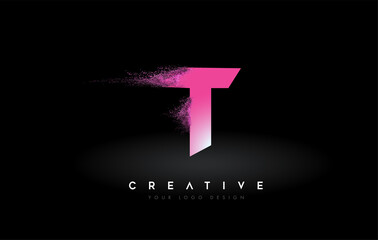 T Letter Logo with Dispersion Effect and Purple Pink Powder Particles Expanding Ash - obrazy, fototapety, plakaty