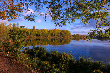 Country landscape with a lake. Sunny blue sky with clouds. A place of relaxation at the water's edge. Vegetation in the foreground.