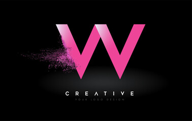 W Letter Logo with Dispersion Effect and Purple Pink Powder Particles Expanding Ash - obrazy, fototapety, plakaty