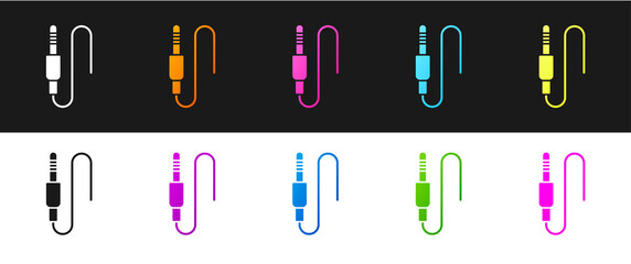 Set Audio jack icon isolated on black and white background. Audio cable for connection sound equipment. Plug wire. Musical instrument. Vector.