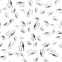Black Audio jack icon isolated seamless pattern on white background. Audio cable for connection sound equipment. Plug wire. Musical instrument. Vector.