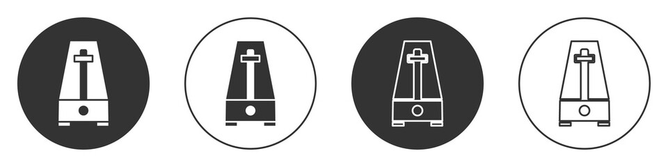 Black Classic Metronome with pendulum in motion icon isolated on white background. Equipment of music and beat mechanism. Circle button. Vector.