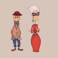 elderly woman with glasses and red dress man with hat
