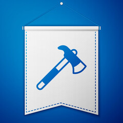 Blue Firefighter axe icon isolated on blue background. Fire axe. White pennant template. Vector.