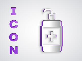 Paper cut Hand sanitizer bottle icon isolated on grey background. Disinfection concept. Washing gel. Alcohol bottle for hygiene. Paper art style. Vector.