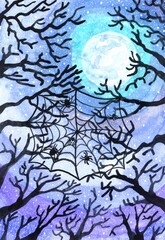 watercolor illustration of a spider web with spiders and a fly among bare trees on the background of the night sky with stars and moon. Halloween greeting card.