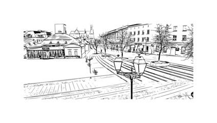 Building view with landmark of Bialystok is the largest city in northeastern Poland. Hand drawn sketch illustration in vector.