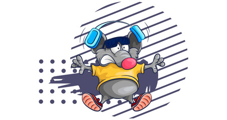 The bat listens to loud music with headphones in the style of cartoon style