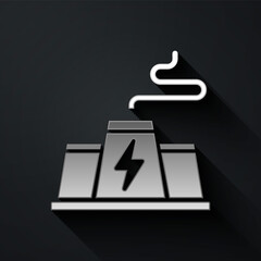 Silver Power station plant and factory icon isolated on black background. Energy industrial concept. Long shadow style. Vector.