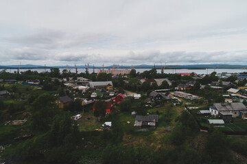 Obraz premium Aerial Townscape of Suburb of the Town Kandalaksha located in Northwestern Russia