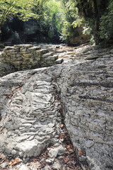 The Agura river and the Agura waterfalls which is completely dry for the first time in 40 years. Sochi, Russia.
