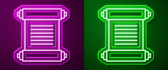 Glowing neon line Decree, paper, parchment, scroll icon icon isolated on purple and green background. Vector.