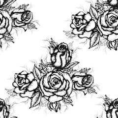 seamless, modern, pattern of roses, grass,  Wallpaper, hand-drawn in vintage style monochrome illustration of flowers, isolated on a white background. for printing, pape your ideas. vector.