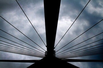 Pylon of Swietokrzyski bridgeover Vistula in Warsaw seen from bottom