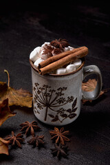 cup, drink, chocolate, food, breakfast, cinnamon, white, black, hot, brown, anise, aroma, background, mug, cocoa, beverage, sweet,