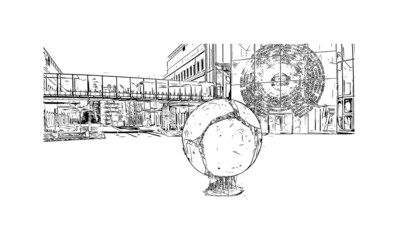 Building view with landmark of Bialystok is the largest city in northeastern Poland. Hand drawn sketch illustration in vector.