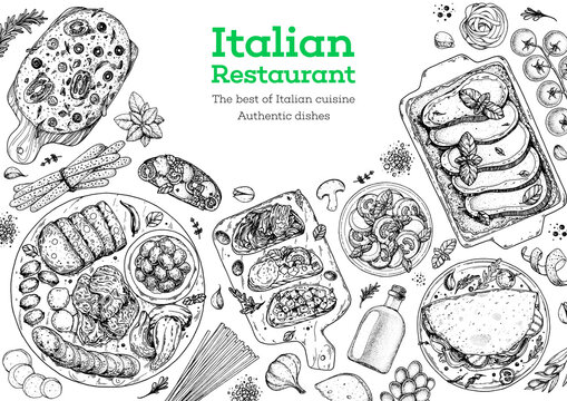 Italian food menu sketches. Design template. Hand drawn illustration. Italian cuisine. Food sketch. Black and white. Engraved style.