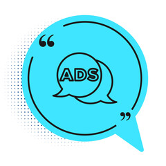 Black line Advertising icon isolated on white background. Concept of marketing and promotion process. Responsive ads. Social media advertising. Blue speech bubble symbol. Vector.