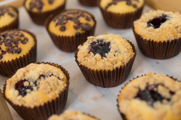 Close-up image of batch of homemade, chocolate cupcakes in paper cake cases on circular, black, metal wire cooling rack, chocolate butter chocolate pieces and blueberry